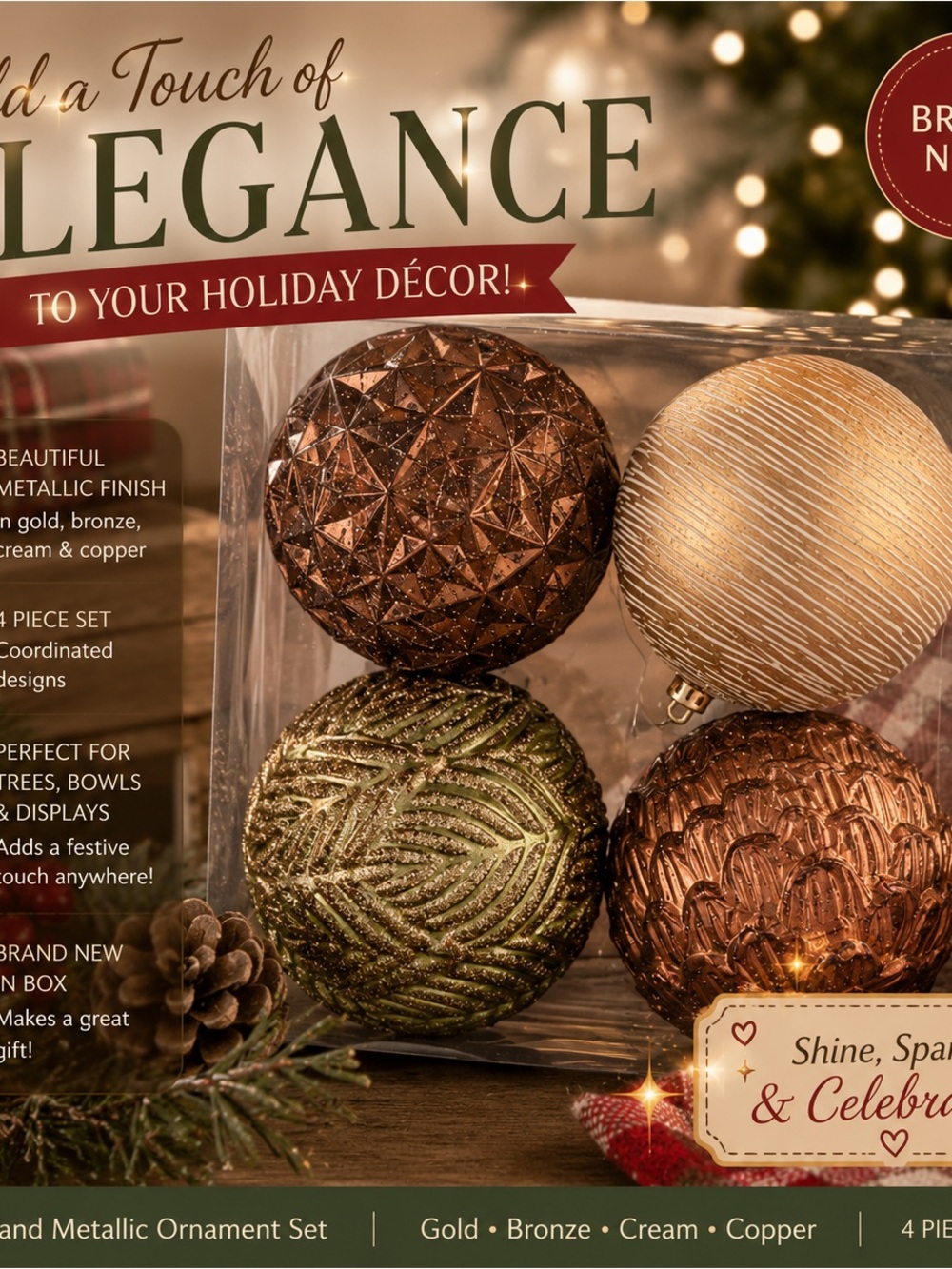 Ashland Metallic Ornament Set in Gold, Bronze, Cream, Copper